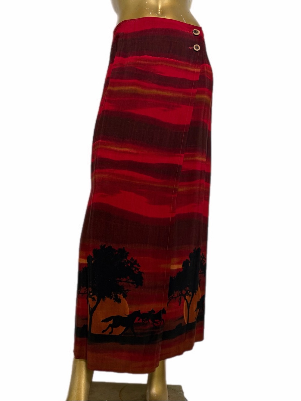 Vintage Scully sunset horse print maxi Wrap Skirt, viscose/rayon-tag size 8 USA
